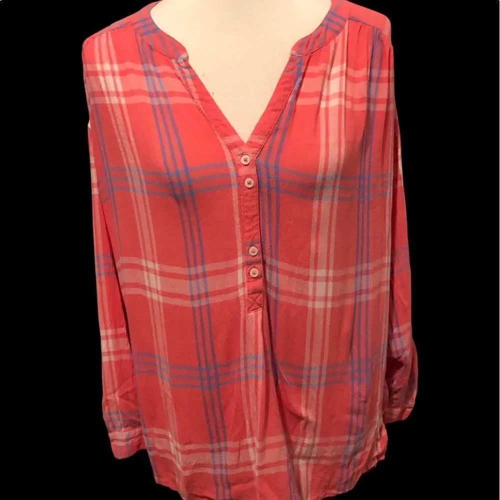 Nine West Jeans popover plaid blouse